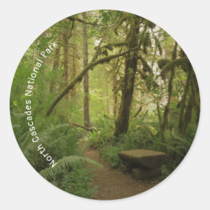 Pegatina Redonda Camino verde pacífico por la selva en Washington