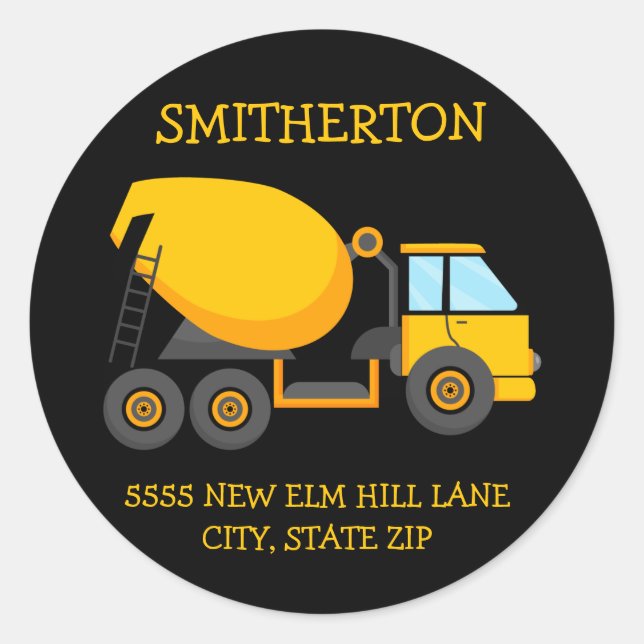 Pegatina Redonda Camión amarillo Camión Dirección de fiesta de cump (Anverso)