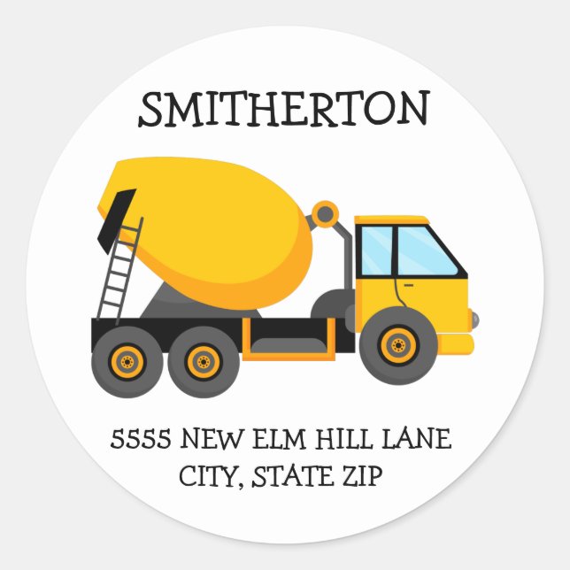 Pegatina Redonda Camión amarillo Camión Dirección de fiesta de cump (Anverso)