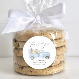 Pegatina Redonda Camión azul calabaza Niño Bebé Ducha Gracias