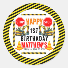 Pegatina Redonda Camión basurero de construcción Fiesta de cumpleañ