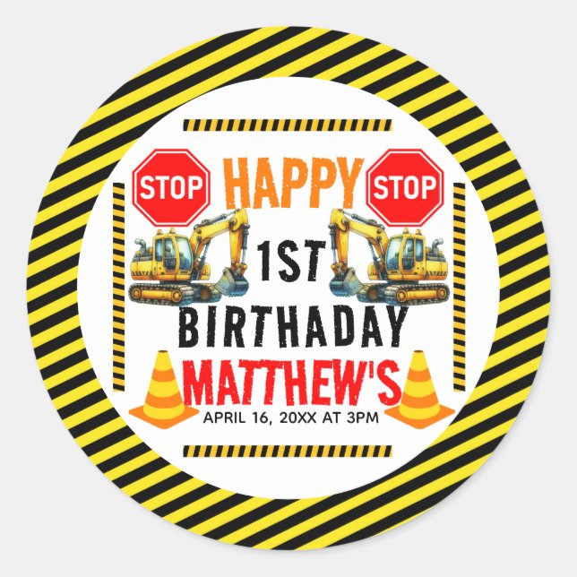 Pegatina Redonda Camión basurero de construcción Fiesta de cumpleañ (Anverso)