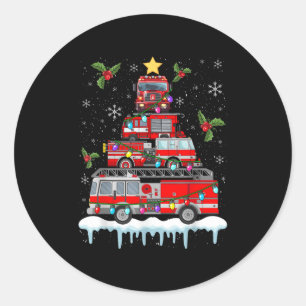 Pegatina Redonda Camión de bomberos árbol de Navidad enciende Santa