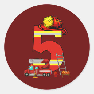 Pegatina Redonda Camión de bomberos cumpleaños de 5 años niño de 5