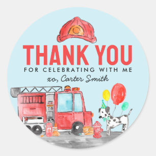 Pegatina Redonda Camión de bomberos perro gracias a los niños cumpl