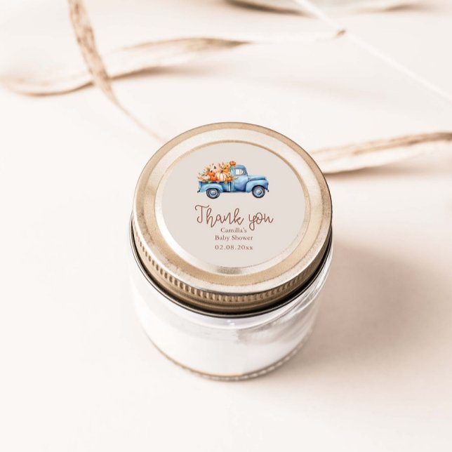 Pegatina Redonda Camión de calabaza azul Baby Shower Fall Boy (Subido por el creador)