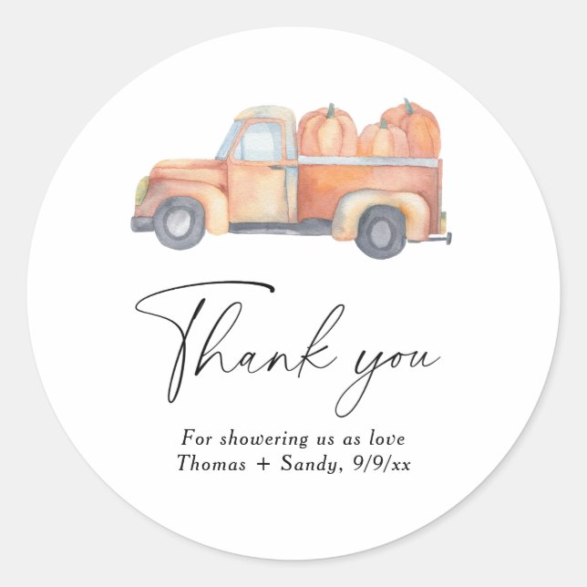 Pegatina Redonda Camión de calabaza - Gracias Baby Shower (Anverso)