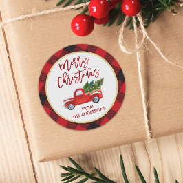 Pegatina Redonda Camión de Feliz Navidad Plaid Rojo Búfalo