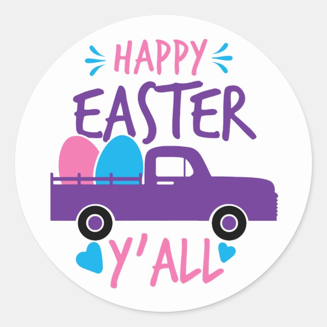 Pegatina Redonda Camión de huevo moderno Feliz Pascua Y'all (Anverso)