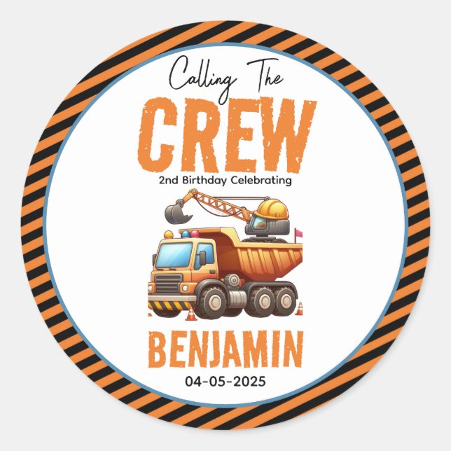 Pegatina Redonda Camión de la tripulación de la construcción (Anverso)