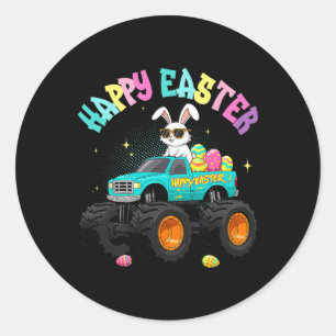 Pegatina Redonda Camión de Monstruo de Conejo Cuto Feliz Pascua Par