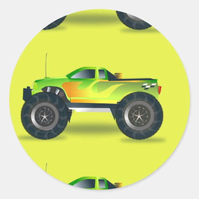 Pegatina Redonda Camión de monstruos en verde limón (Anverso)