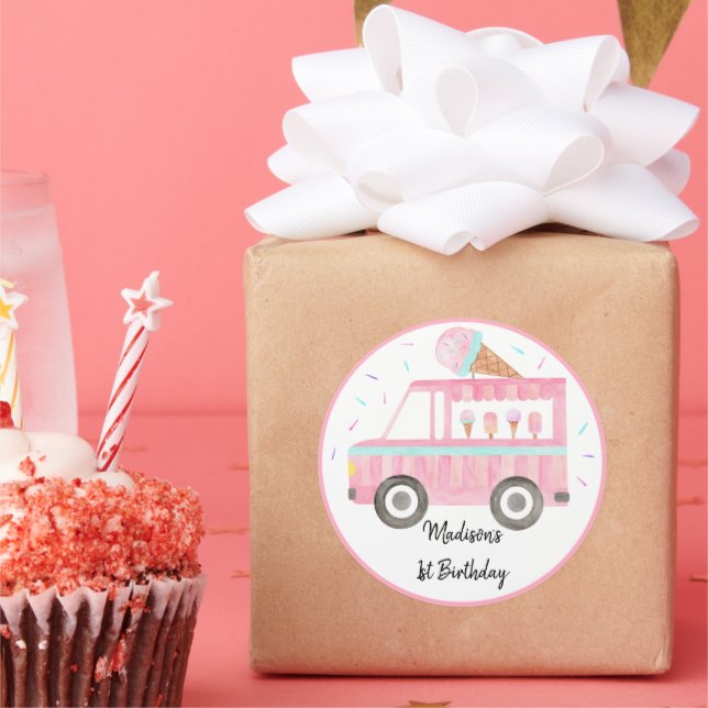 Pegatina Redonda Camión moderno con crema de hielo cumpleaños (Fiesta)
