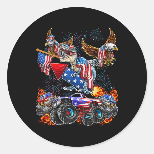 Pegatina Redonda Camión Monstruo Águila Dinosaurio 4 de Julio Améri (Anverso)