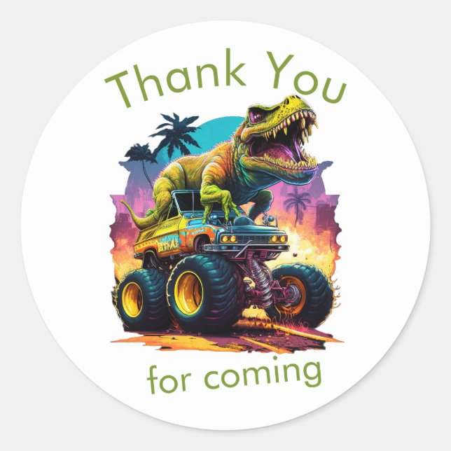 Pegatina Redonda Camión Monstruo Dino T-Rex, Gracias (Anverso)