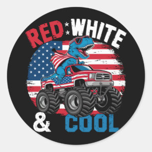 Pegatina Redonda Camión Monstruo Dinosaurio Dino Bandera 4 De Julio