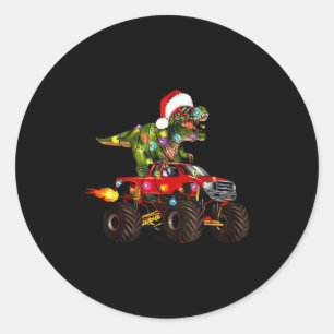 Pegatina Redonda Camión Monstruo Navideño Dinosaurio T-Rex Para Niñ