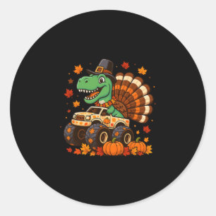 Pegatina Redonda Camión Monstruo Trex Dinosaurio Pavo Otoño Día de 