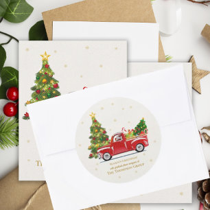 Pegatina Redonda Camión Rojo Antiguo Árbol De Navidad Negocio Fiest