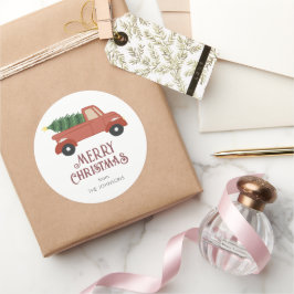 Pegatina Redonda Camión rojo con Navidades modernos de árbol de Nav