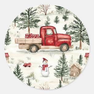 Pegatina Redonda Camión rojo con regalos y muñeco de nieve