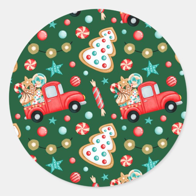Pegatina Redonda Camión rojo de cosecha y Navidad Candy (Anverso)