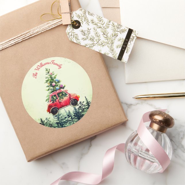 Pegatina Redonda Camión rojo de época de árbol de Navidad (Regalar)