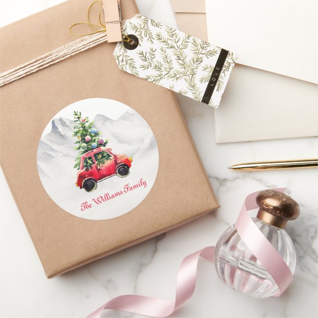 Pegatina Redonda Camión rojo de época de árbol de Navidad (Regalar)