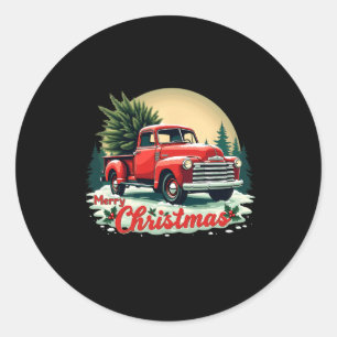 Pegatina Redonda Camión rojo de recogida Feliz Navidad Árbol de inv