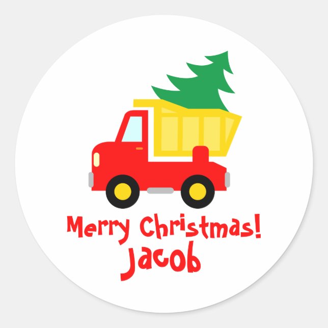 Pegatina Redonda Camión rojo lindo con árbol de Navidad de niño peq (Anverso)