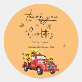 Pegatina Redonda Camión Rojo Vintage Con Baby Shower Sunflowers