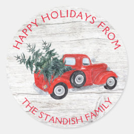 Pegatina Redonda Camión Rojo Vintage Navidad Árboles Madera de gran