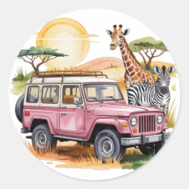 Pegatina Redonda Camión rosa con animales de Safari Baby Shower