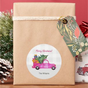 Pegatina Redonda Camión Rosa de Navidad Con Árbol y Deseos