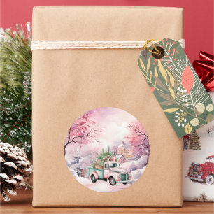 Pegatina Redonda Camión verde y rosado etéreo pastel