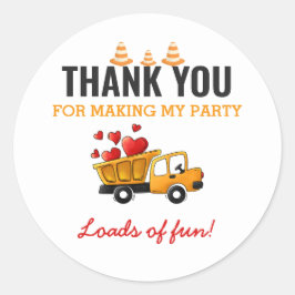 Pegatina Redonda Camión volcado del partido de cumpleaños de constr
