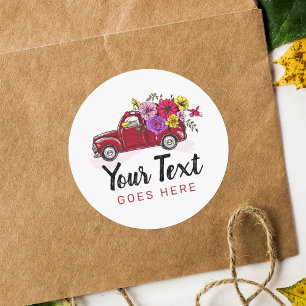Pegatina Redonda Camión y Flores Vintage Rojas Cute Floral