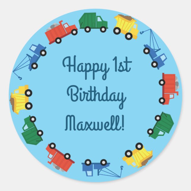 Pegatina Redonda Camiones Camiones Cute Primer Tema Fiesta de Cumpl (Anverso)