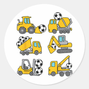 Pegatina Redonda Camiones de construcción de fútbol para niños de b