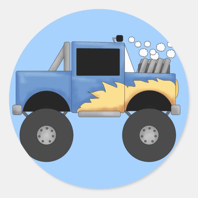 Pegatina Redonda Camiones y regalos de Monstruo Azul (Anverso)