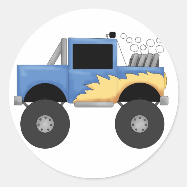 Pegatina Redonda Camiones y regalos de Monstruo Azul (Anverso)