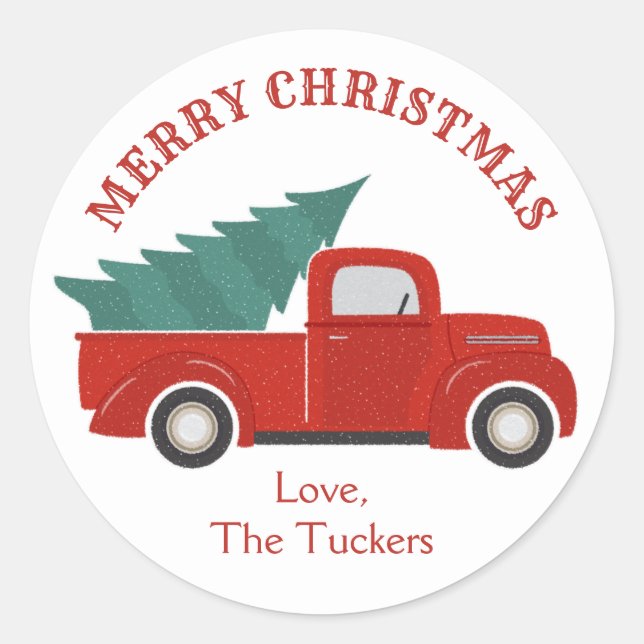 Pegatina Redonda Camioneta Roja Antigua con Árbol de Navidad (Anverso)