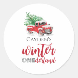 Pegatina Redonda Camioneta Roja Invierno Onederland Favor para Prim
