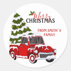 Pegatina Redonda Camioneta Roja Personalizada Navidad Familia