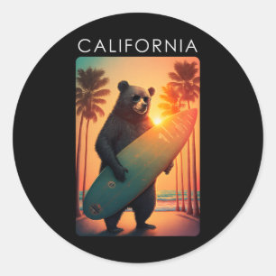 Pegatina Redonda Camisa de California República Cool Oso Surfing Pl