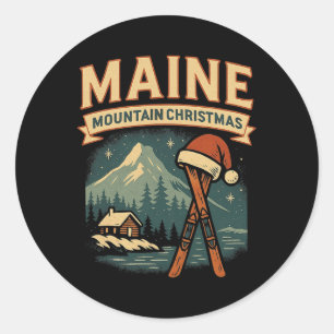 Pegatina Redonda Camisa de montaña de Maine Cabaña de esquí Navidad