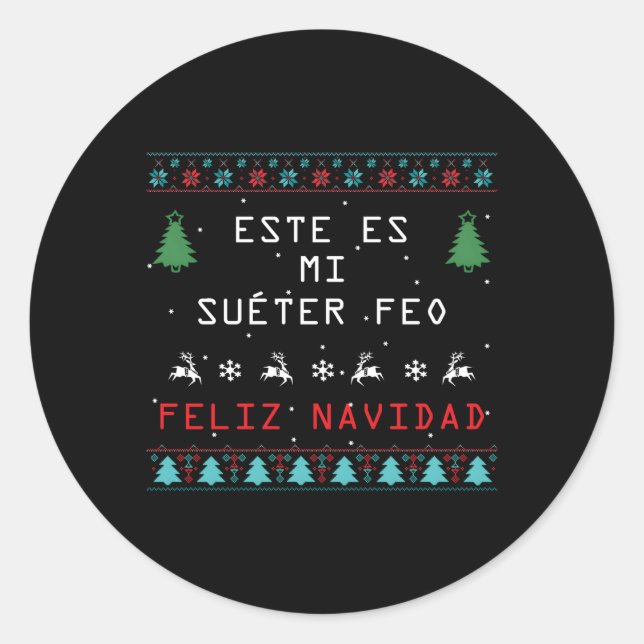 Pegatina Redonda Camisa De Navidad Suã Ter Feo En Español (Anverso)
