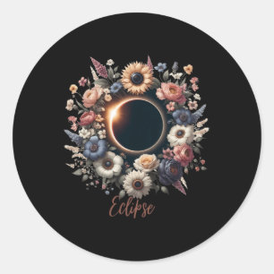 Pegatina Redonda Camisa Eclipse Solar De Mujeres Con Flores Florale