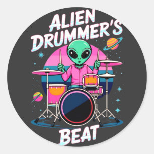Pegatina Redonda Camiseta Beat de Alien Drummer - Gráfica divertida