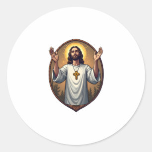 Pegatina Redonda Camiseta blanca grabada Cristo Alfa Omega 2